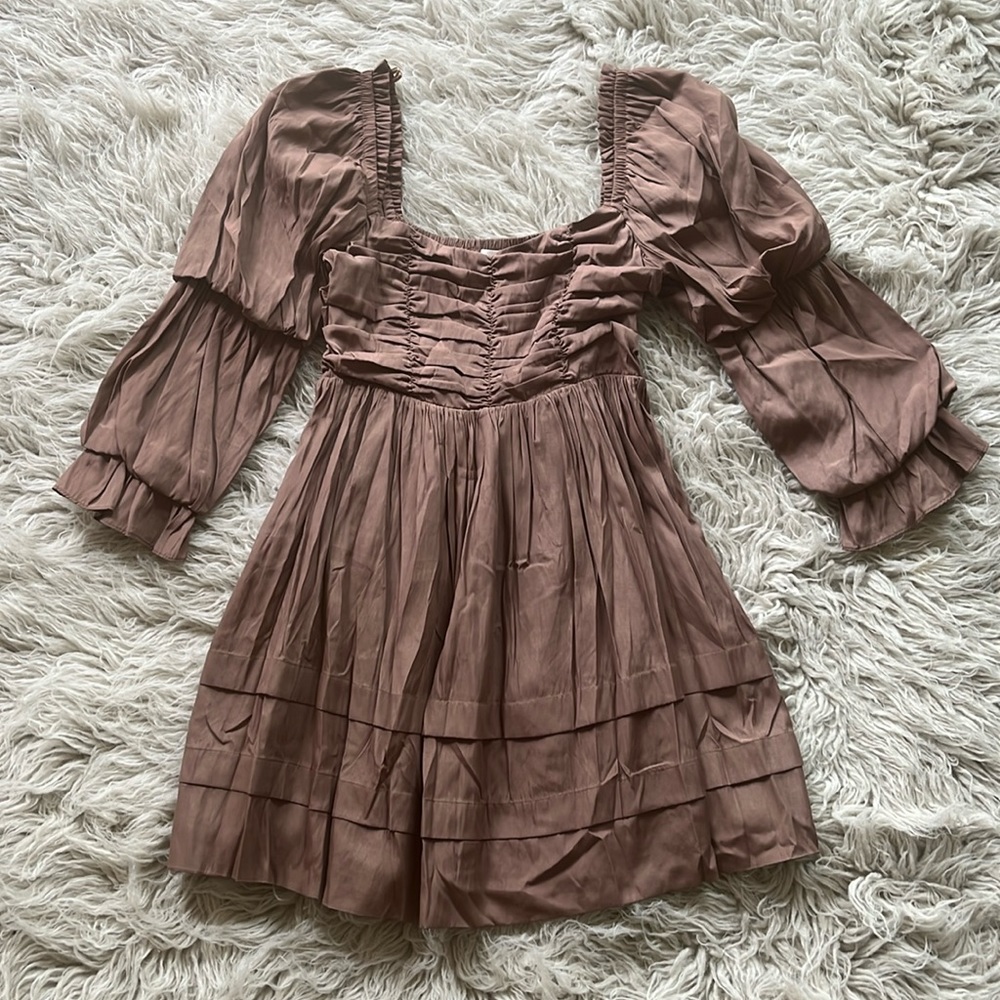 NWT Mustard Seed 'Latte' ruched pleated tiered 3/4 sleeve dress size S
